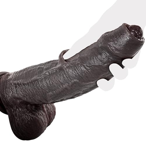 9.6" BBC Uncut Black Dildo with Movable Foreskin — 2.4" Diam