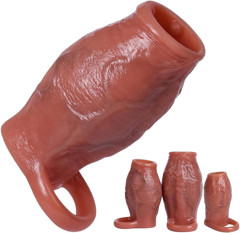 Silikon Realistischer Dildo Penishülle Offener Typ Penis Sleeve Mann Dick Penismanschetten mit Hodenring Cock Hülle Penisverlängerung Penis Extender Erweiterung SM Sex Spielzeug Für Herren Paare (L)
