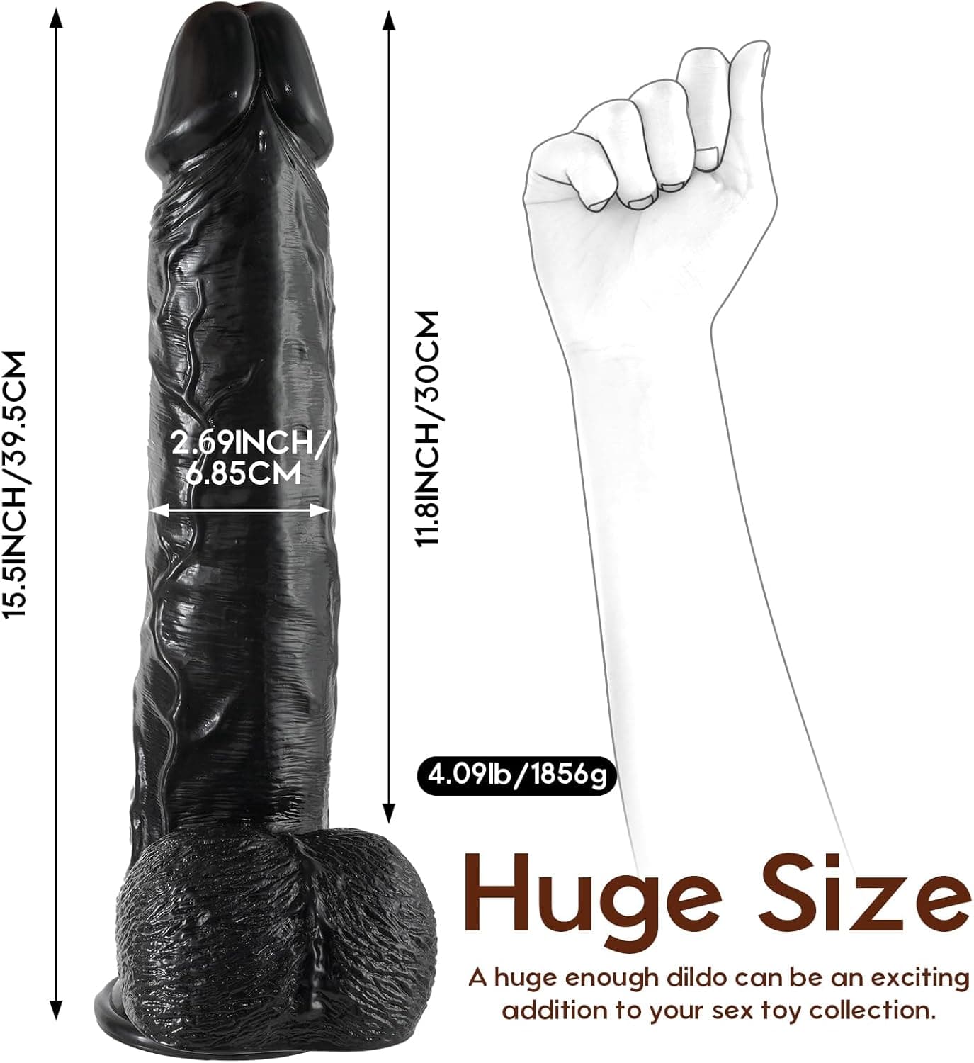 39cm Big Realistic Dildo XXXL Huge Size, mit starkem Saugnapf für Hands-Free Play, für G-Punkt Dildos Anal Sex Toys für Männer Frauen und Paare, Massive Monster Dildo mit Kugeln, Schwarz