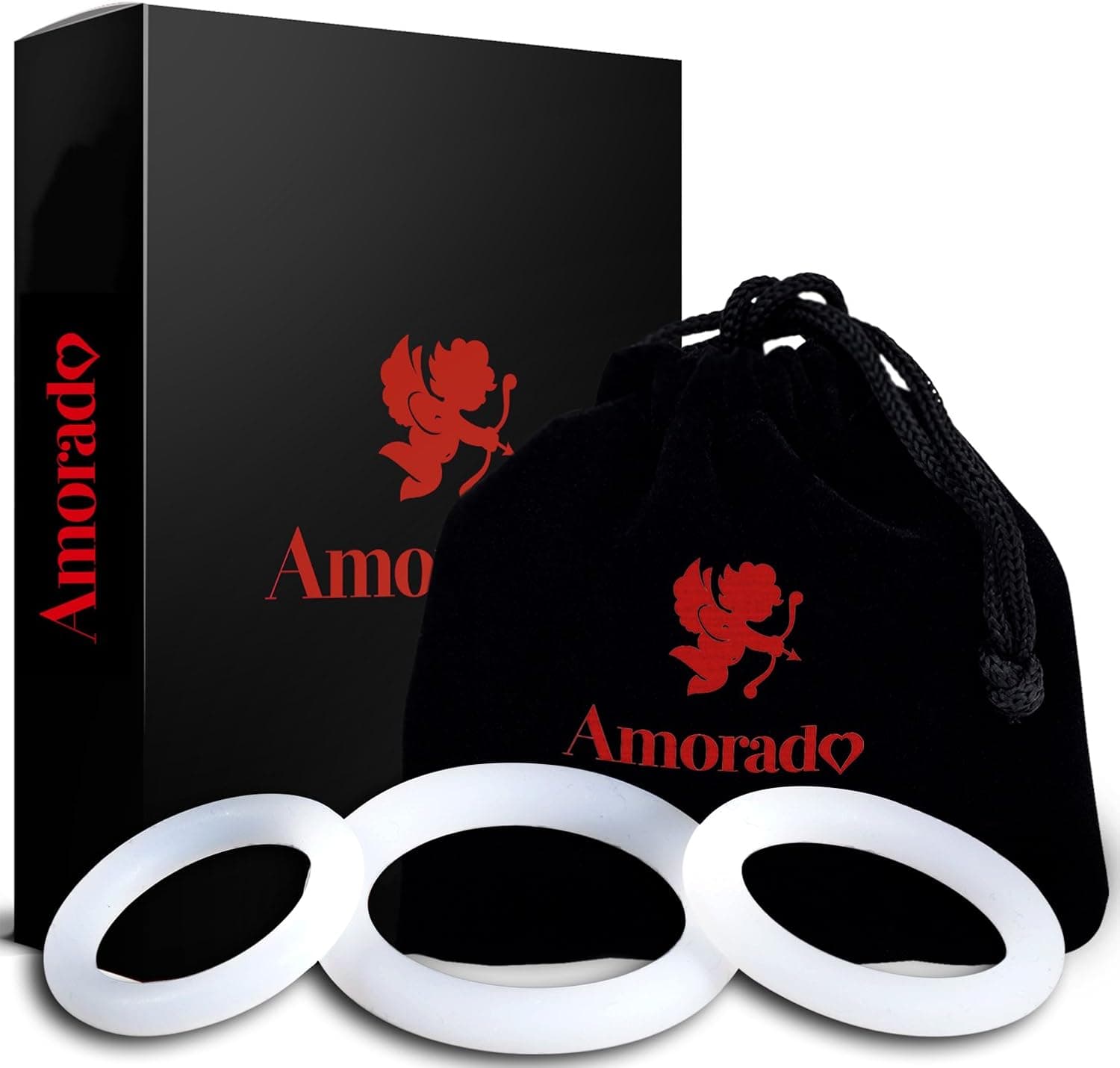 AMORADO Penisringe aus Silikon – Mega Sexspielzeug für Männer zur Potenzsteigerung - Cockring 3 er Set für eine längere und prallere Erektion – mit Samtbeutel - Schwarz, 3 Größen XL
