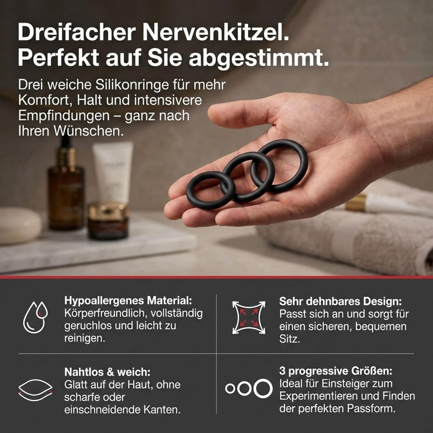 Sinful Penisring Set mit 3 Dehnbaren Penisringen aus Silikon - Erektionsförderndes, Langlebiges Cockringe Sexspielzeug für Männer - Penis Ring, Cock Ring Passend für Jede Größe Schwartz