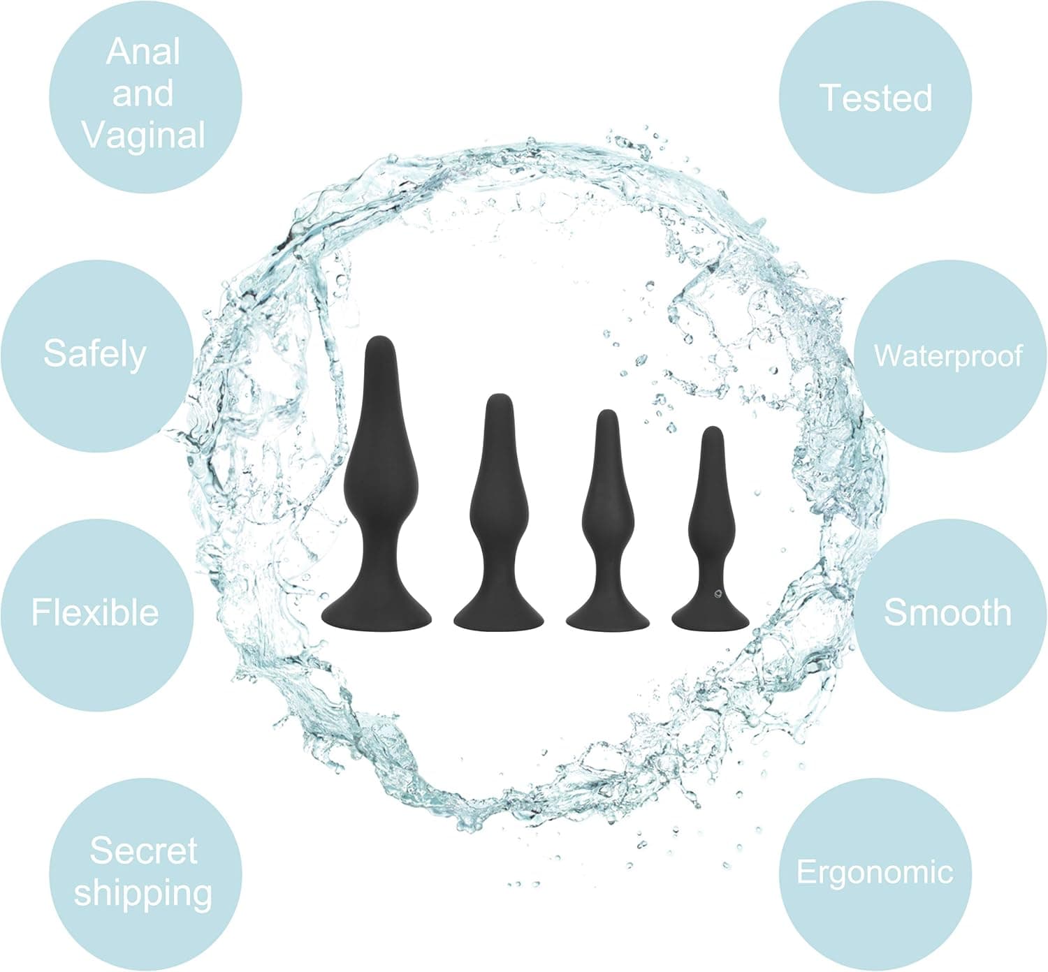 4x Anal-Plug mit starkem Saugnapf, Lust-Set für Sie und Ihn, flexibel glattes Sexspielzeug, Silikon Butt Plug: S + M + L + XL, Dildos Schwarz