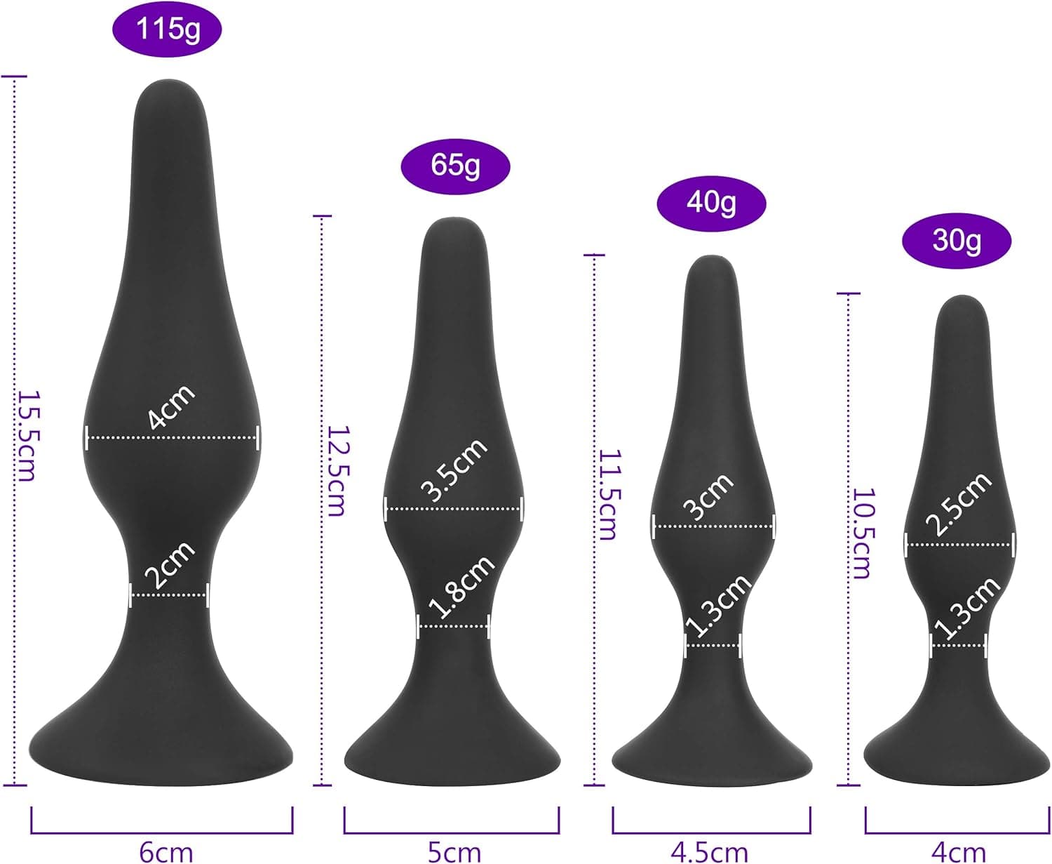 4x Anal-Plug mit starkem Saugnapf, Lust-Set für Sie und Ihn, flexibel glattes Sexspielzeug, Silikon Butt Plug: S + M + L + XL, Dildos Schwarz