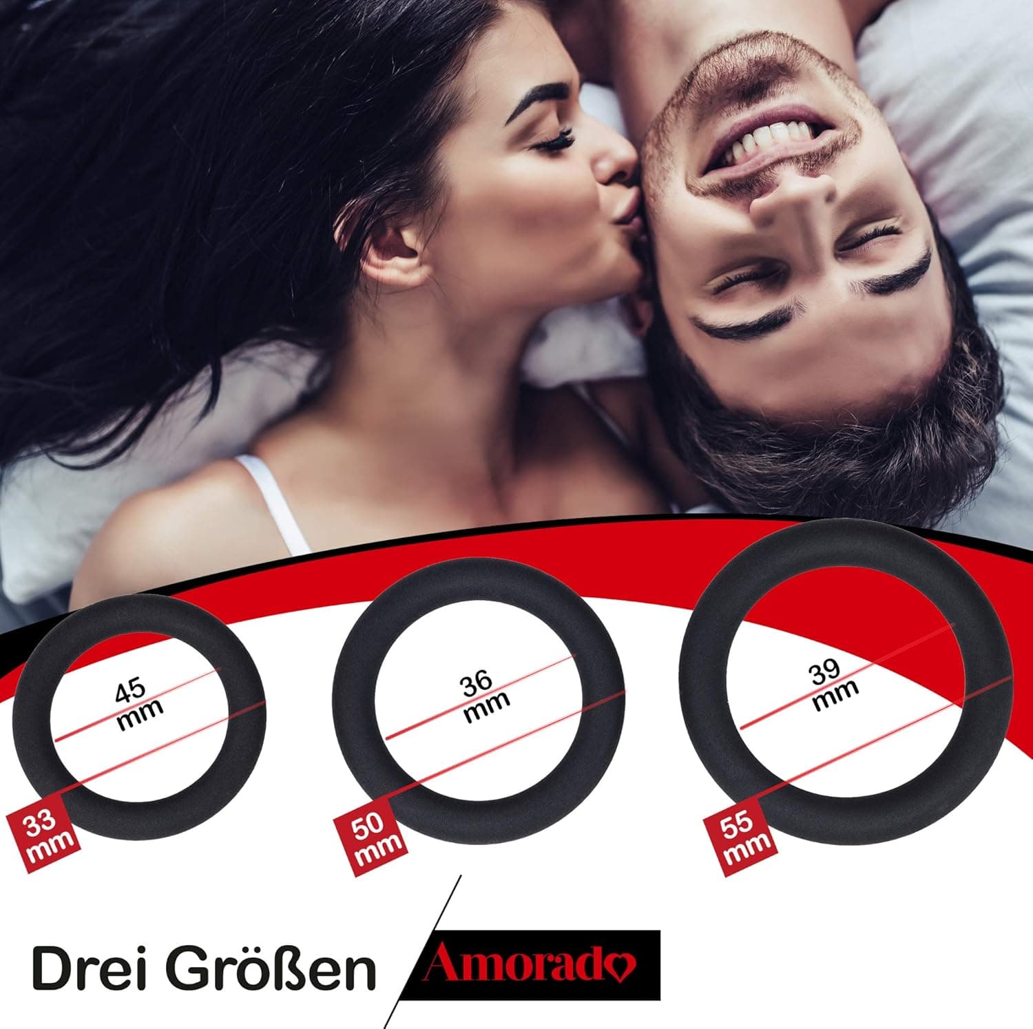 AMORADO Penisringe aus Silikon – Mega Sexspielzeug für Männer zur Potenzsteigerung - Cockring 3 er Set für eine längere und prallere Erektion – mit Samtbeutel - Schwarz, 3 Größen XL