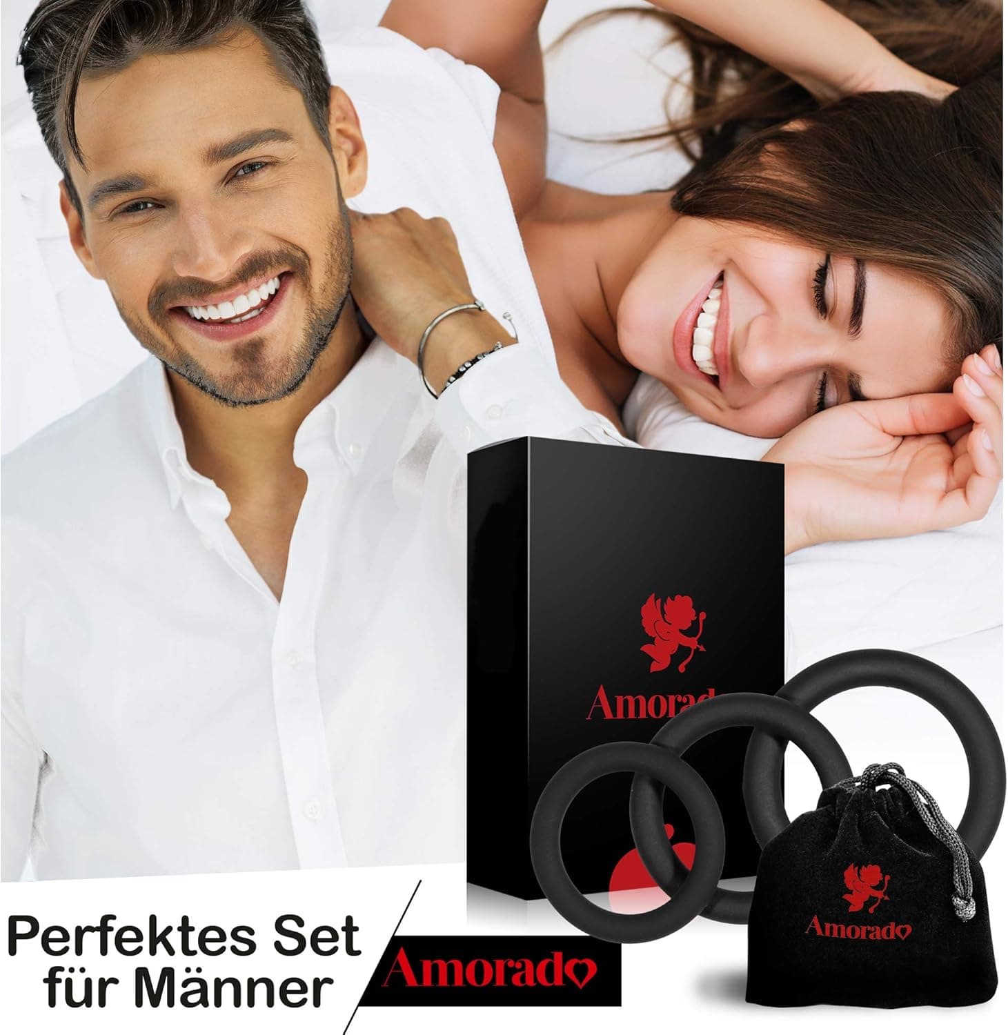 AMORADO Penisringe aus Silikon – Mega Sexspielzeug für Männer zur Potenzsteigerung - Cockring 3 er Set für eine längere und prallere Erektion – mit Samtbeutel - Schwarz, 3 Größen XL