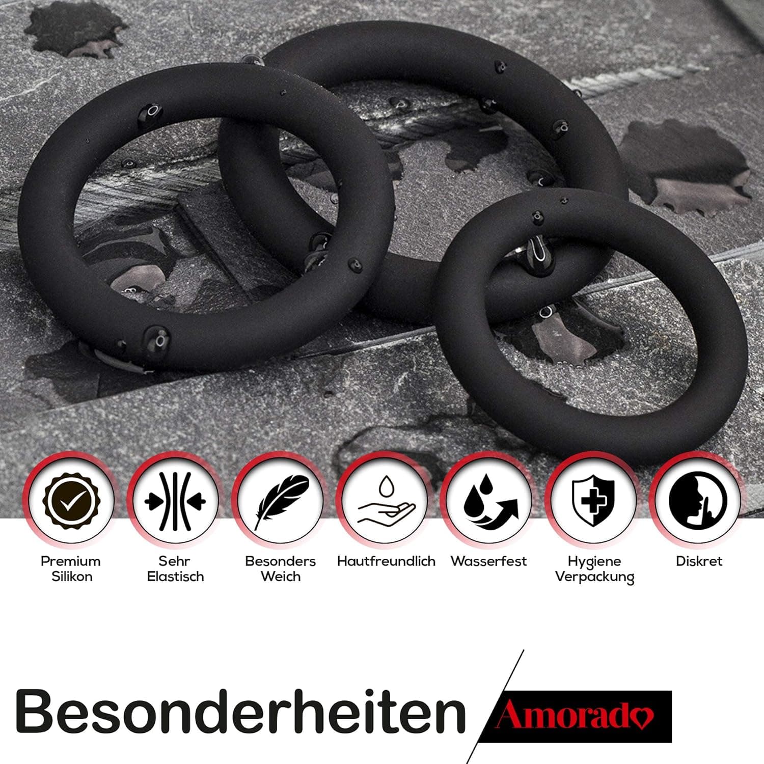 AMORADO Penisringe aus Silikon – Mega Sexspielzeug für Männer zur Potenzsteigerung - Cockring 3 er Set für eine längere und prallere Erektion – mit Samtbeutel - Schwarz, 3 Größen XL