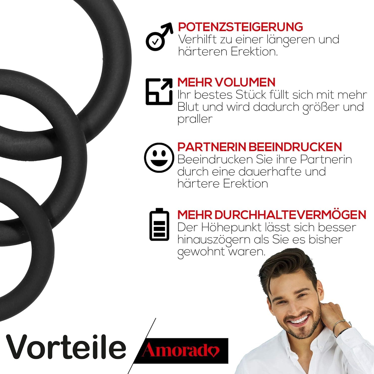 AMORADO Penisringe aus Silikon – Mega Sexspielzeug für Männer zur Potenzsteigerung - Cockring 3 er Set für eine längere und prallere Erektion – mit Samtbeutel - Schwarz, 3 Größen XL