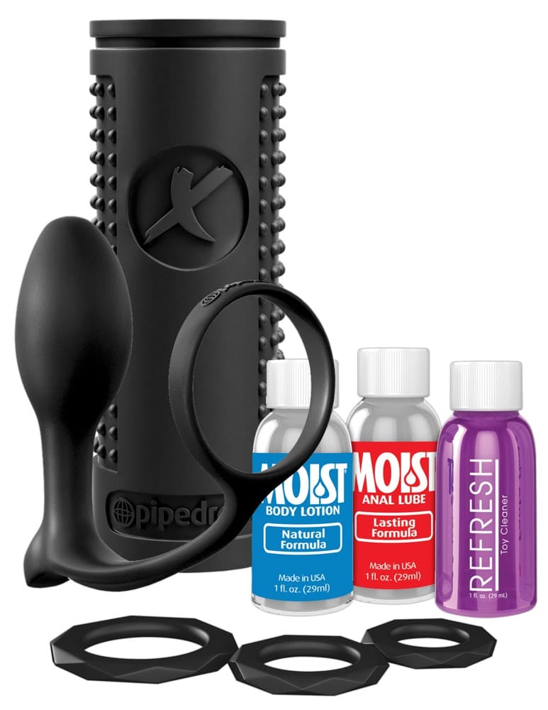 Set „Ass-Gasm Explosion Kit“ mit Masturbator, Analplug/Penisring, Gleiter, Clean