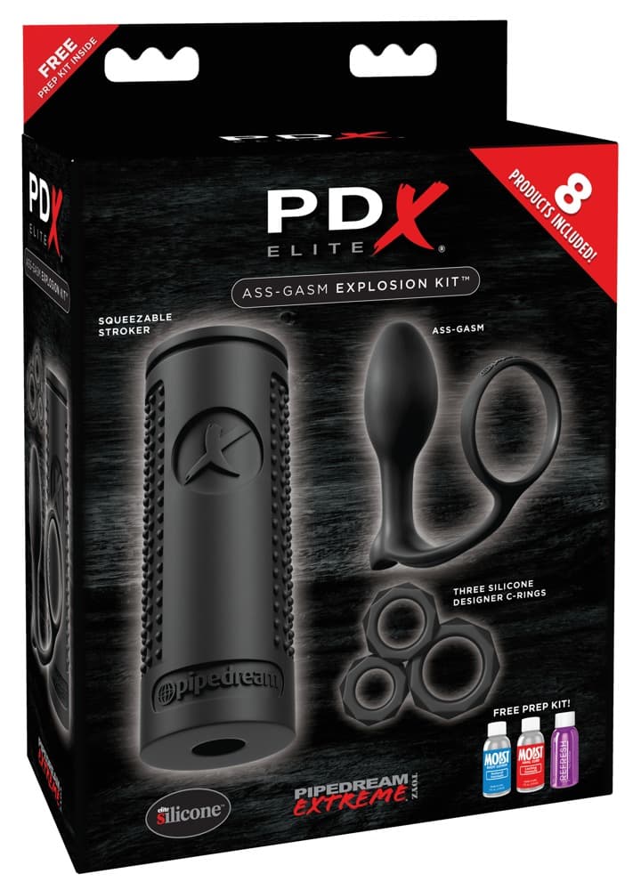 Set „Ass-Gasm Explosion Kit“ mit Masturbator, Analplug/Penisring, Gleiter, Clean