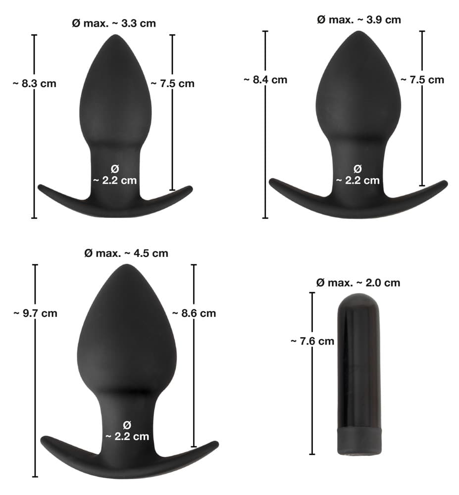 4-teiliges „Butt plug set“ mit 3 Analplugs + 1 Vibrobullet